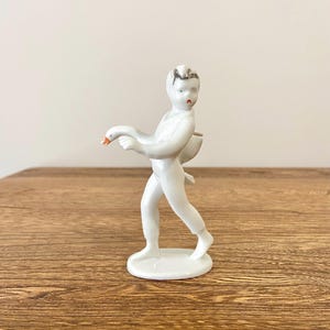 Vintage Hungarian Hollohaza Porcelain Figurine, Boy Holding Goose, Glossy White Glaze, 5.25&quot; Tall, Mid-Century Figurine