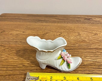 Vintage White Porcelain Shoe With Gold Trim and Floral