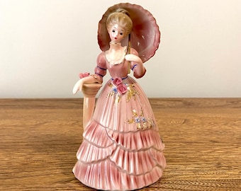 Vintage Josef Originals Gibson Girl Series Melanie Figurine, Mauve Dress with Pink Roses, Victorian Style, Parasol & Pillar, Japan