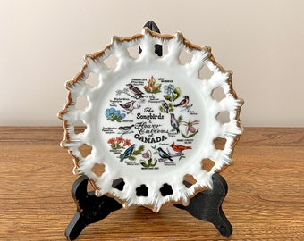 Vintage The Songbirds & Flower Emblems of Canada Plate, Reticulated Gold Edge, 7&quot; Souvenir Plate, Made in Japan, Canadian Birds, Flowers