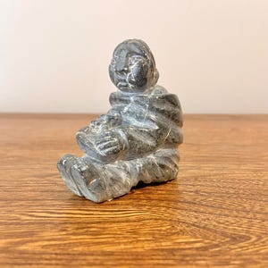 Hand Carved Inuit Soapstone Sculpture - Signed Eskimo Statue, Figurine, Authentic Canadian Art with Igloo Sticker, Inuit Woman with Bowl
