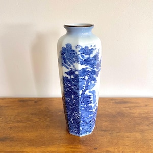 Vintage Japanese Shiroyama Kiln Blue & White Porcelain Vase 10.75&quot;, Hexagonal Ikebana Vase, Japanese Landscape Art, Signed 城山, Japan