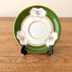 Vintage Limoges Saucer by S.A. Porcelaine, Decor Reserve, Green & Gold Trim with Hand Painted Roses, 5.25&quot;, France
