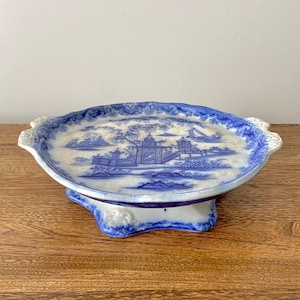 Rare 1840s Antique English Flow Blue Ironstone Comport, Whampoa Pattern, Cobalt Blue & White Dish, Cambrian Pottery Swansea