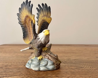 Vintage Porcelain Bald Eagle Figurine, Hand Painted American Eagle Statue, 5.5”H, Patriotic Home Decor