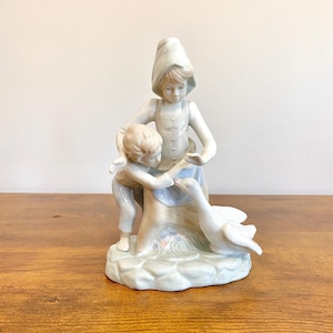Vintage Japanese Porcelain Figurine Avoiding The Goose, Girl, Boy & Goose, Glossy Glaze, 6.75&quot; Tall, Collectible Japan