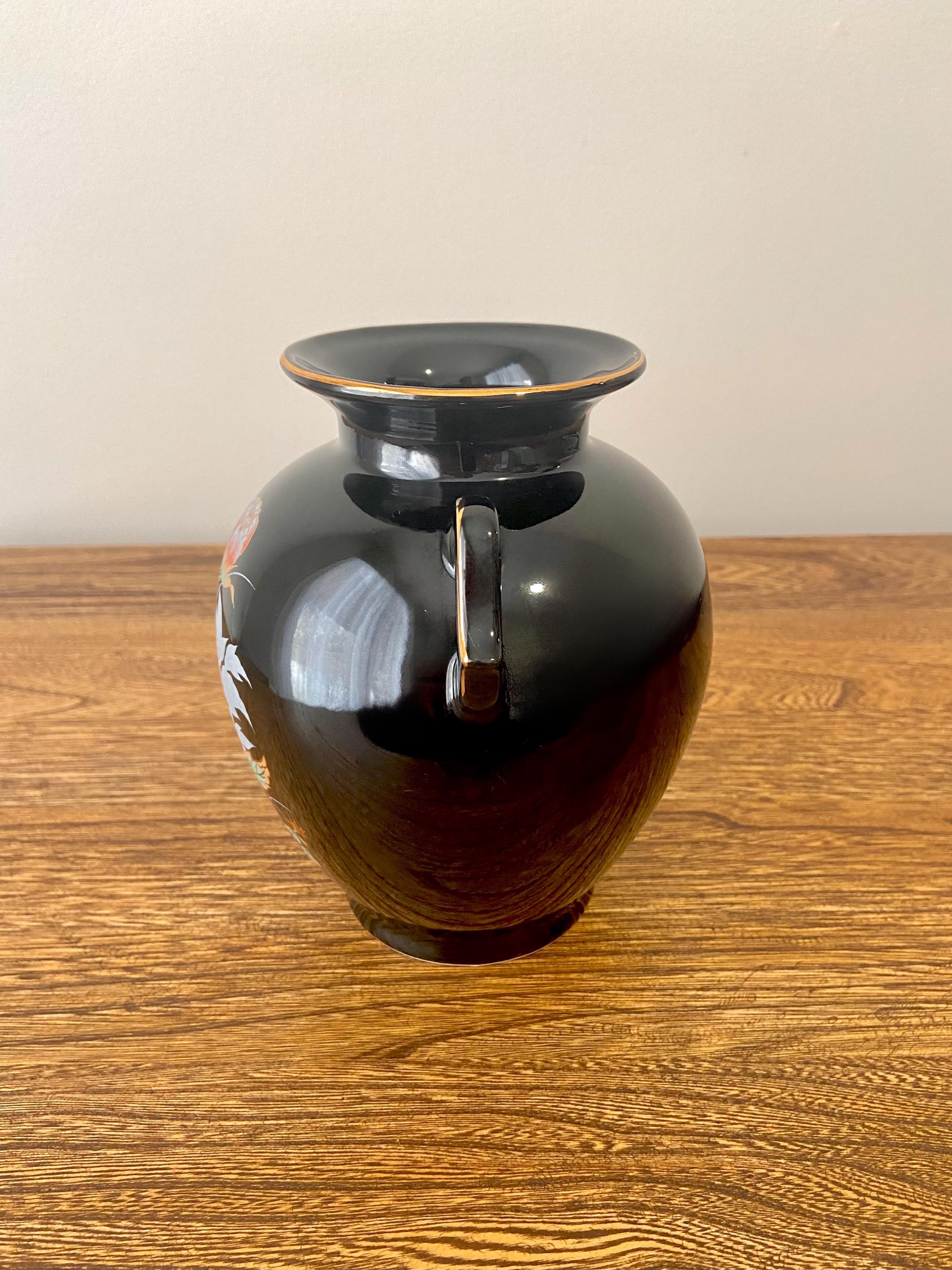 Vintage Imperial Japanese Black Porcelain Vase - Peony Floral