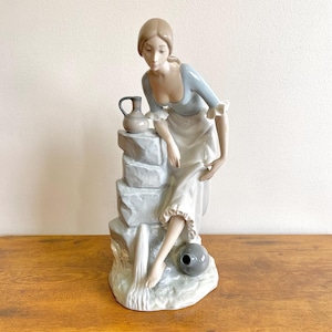 Large Vintage NAO by Lladro Figurine #115 Girl From The Fountain Washing Feet, 12.5&quot; Spanish Porcelain Lady with Water Jugs, Made in Spain