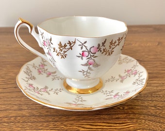 Vintage Queen Anne Fine Bone China Teacup and Saucer Pattern 5634 Pink Buds, Made in England, English China Tea cup and Saucer