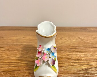 Vintage White Porcelain Shoe With Gold Trim and Floral