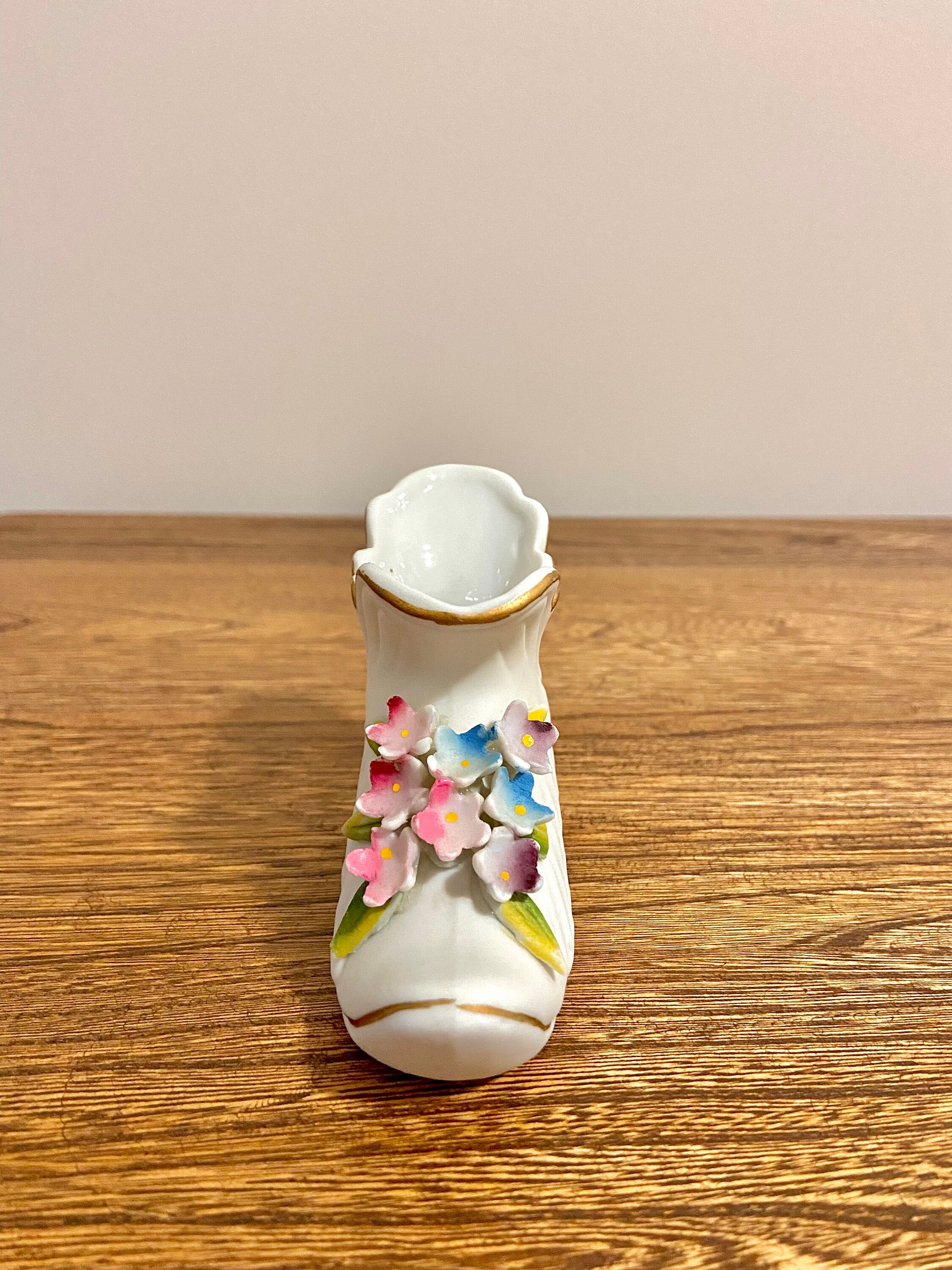 Vintage White Porcelain Shoe With Gold Trim and Floral