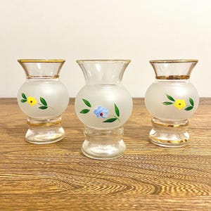 Set of 3 Vintage Satin Glass Mini Bud Vases, Hand Painted Flowers, Gold Trim, 4" Tall, Clear Frosted Glass, Cottagecore Decor
