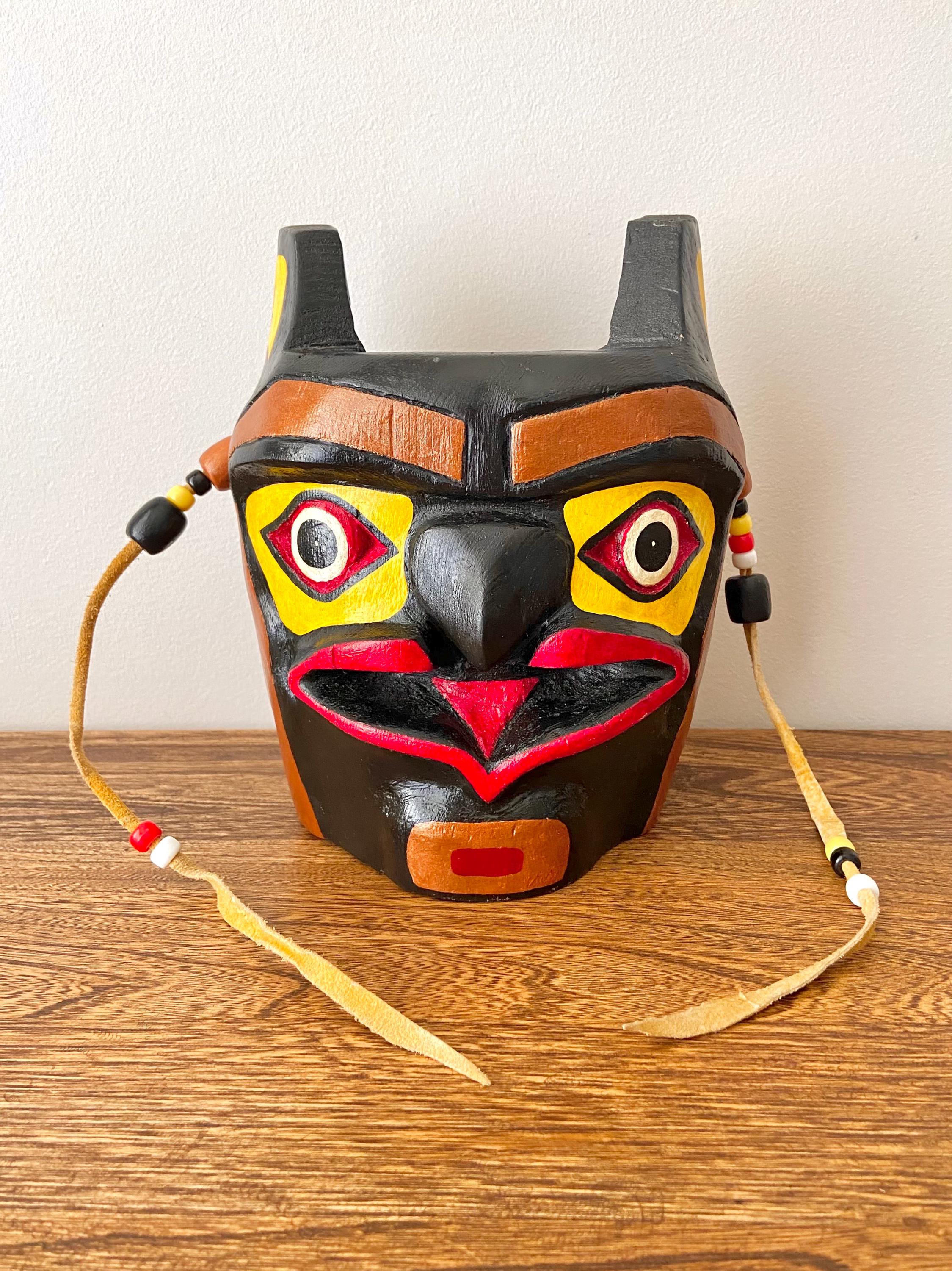 Vintage 1988 Northwest Coast Owl Mask, Polychromed Wood, Indigenous Carving, Signed, 8"H (20 cm