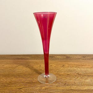 Vintage Tarnow Poland Fluted Hollow Stem Red Champagne Glass Vase, 10”H, 3.25” Opening Diameter, Mid Century Polish Modern Art Glass Vase