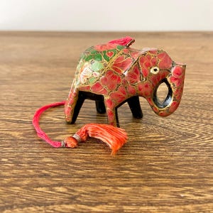 Vintage Indian Elephant Figurine 2&quot;, Antique Style Kashmiri Paper Mache Hand Painted Collectible with Tassel, India Folk Art