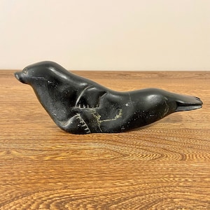 Large Vintage Inuit Soapstone Seal Sculpture, Hand-Carved Canadian Art, 9.5”L x 3.5”H, Arctic Figurine, Signed NO5-28643 Stone Carving
