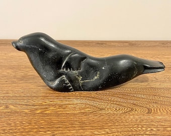 Large Vintage Inuit Soapstone Seal Sculpture, Hand-Carved Canadian Art, 9.5”L x 3.5”H, Arctic Figurine, Signed NO5-28643 Stone Carving