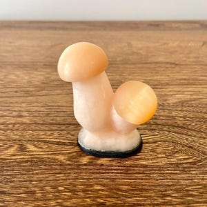May include: A pair of carved mushroom sculptures made of light pink alabaster. The mushrooms are joined together at the base and have a smooth, polished finish.