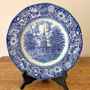 Vintage Liberty Blue Staffordshire Ironstone Plate 1970s, Independence Hall, Blue & White, 9.75", Made in England, Blue Transferware