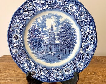 Vintage Liberty Blue Staffordshire Ironstone Plate 1970s, Independence Hall, Blue & White, 9.75", Made in England, Blue Transferware