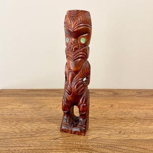 Vintage Maori Tiki Carving 11.5&quot;, Moana Wood Carvings, Rotorua New Zealand, Paua Shell Eyes, Teko Teko Figurine, Tribal Polynesian Decor