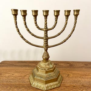 Large Vintage West Germany Brass Menorah, Heavy 7-Branch Candelabra with Ornate Octagonal Base, Antique Candle Holder, Judaica Mid-Century