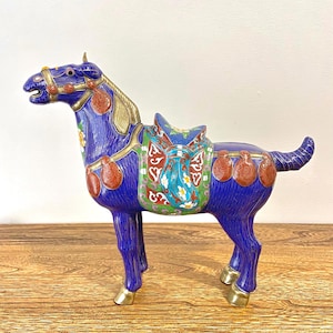 Large Vintage Chinese Cloisonne Horse Figurine, Large Enamel Horse Sculpture with Floral Saddle, Tang Horse, 11.75&quot;H (30 cm), 20th Century