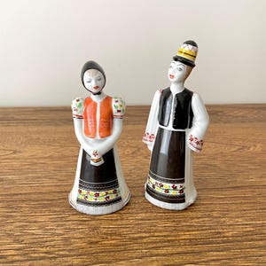 Pair of Vintage Hollohaza Hungarian Porcelain Figurines, Folk Costume Man & Woman, Handpainted, Hungary 1831, 4.25"-4.75" Tall