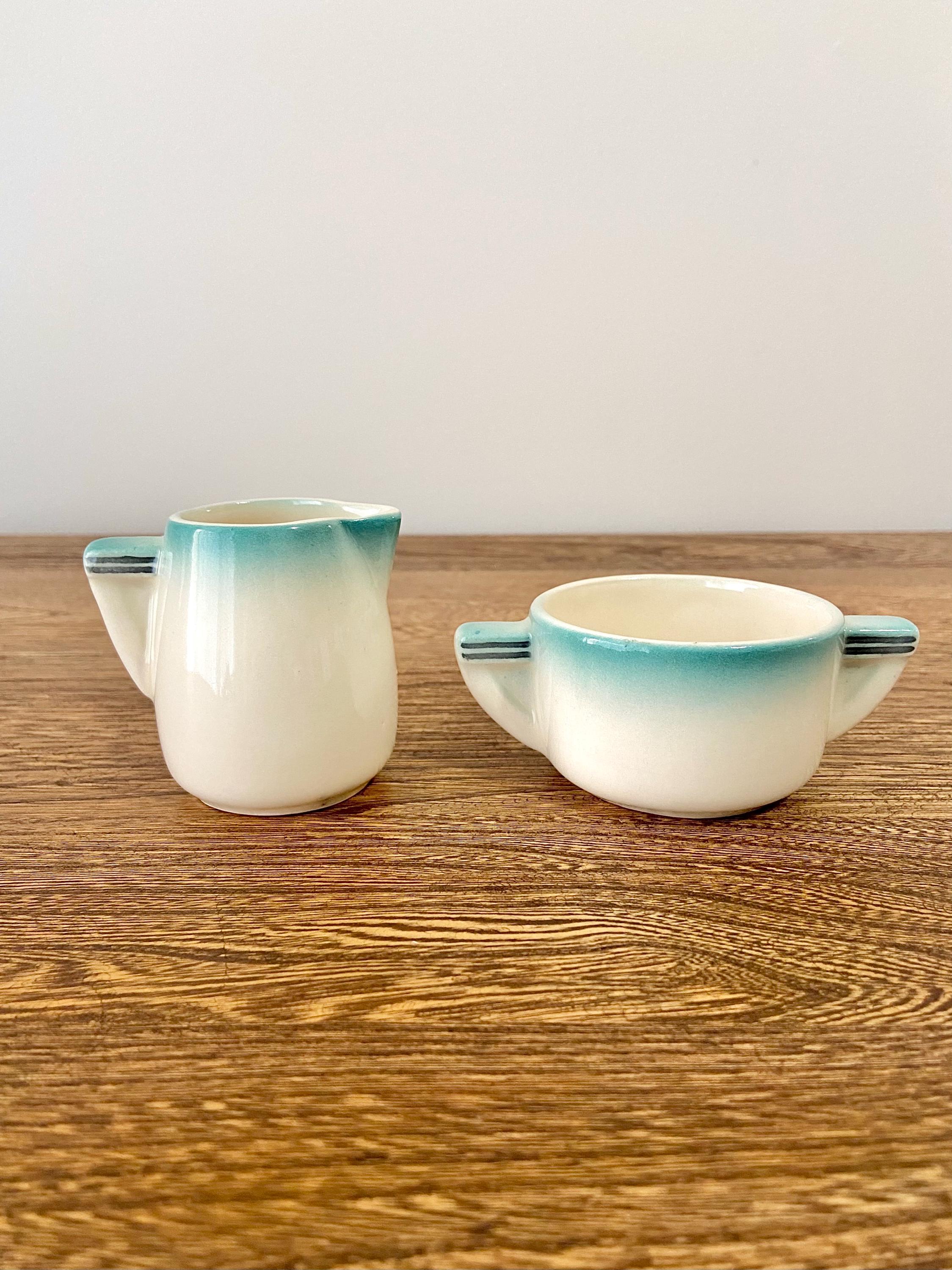 Vintage Turquoise Medicine Hat Potteries Creamer and Sugar Bowl Set, Mexican Design Replica, Southwest Decor, 2.75” Tall, Canadian pottery