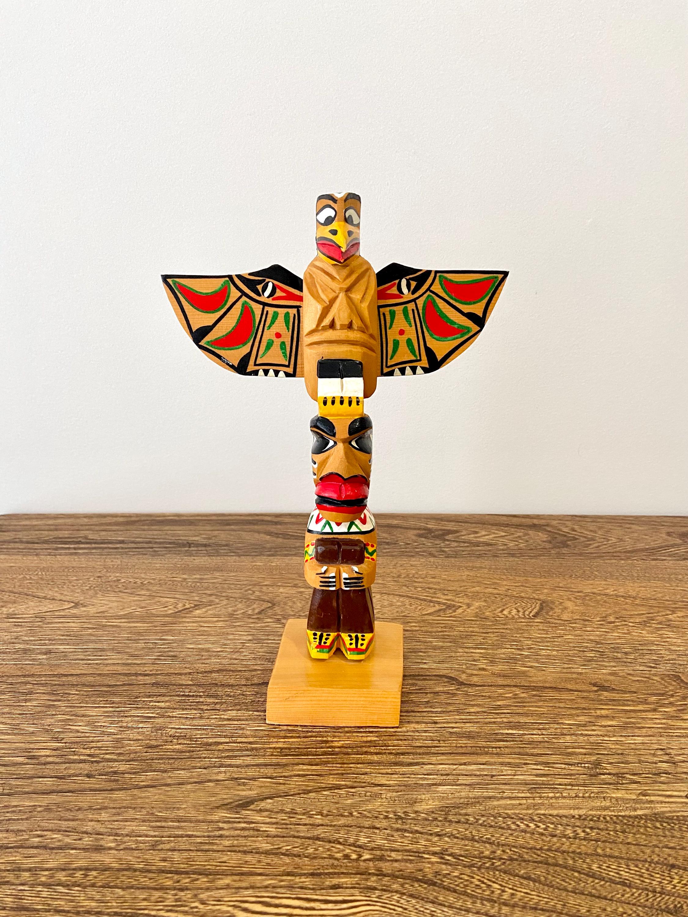 Vintage Pacific Northwest Hand-Carved Thunderbird Totem Pole, 10"H Squamish Northwest Coast Carving by Bob Cole, North Vancouver B.C. Canada