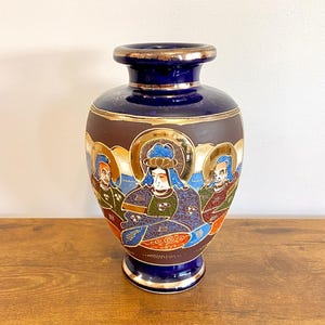 Antique Japanese Satsuma Moriage Vase, Cobalt Blue Porcelain, Deities with Gilded Haloes, Hand Painted, 1920s-1940s, 9.25&quot;
