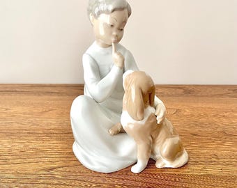 Vintage 1970 Lladro #4522 Boy With Dog "Shhh" Porcelain Figurine, Retired Spanish Collectible, 7.75" (20 cm), Spain