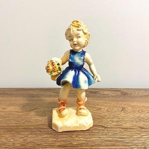 Vintage 8.5&quot; Chalkware Girl Figurine with Blue Dress and Bouquet - Collectible Shabby Chic Home Decor, *Paint Chips