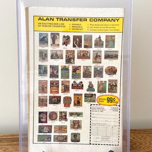 May include: A sheet of iron-on transfer designs featuring various images, including a cowboy, a tank, a car, and a gum advertisement. The sheet is labelled "Alan Transfer Company" and includes instructions for applying the transfers. The price is listed as 99 pence each.