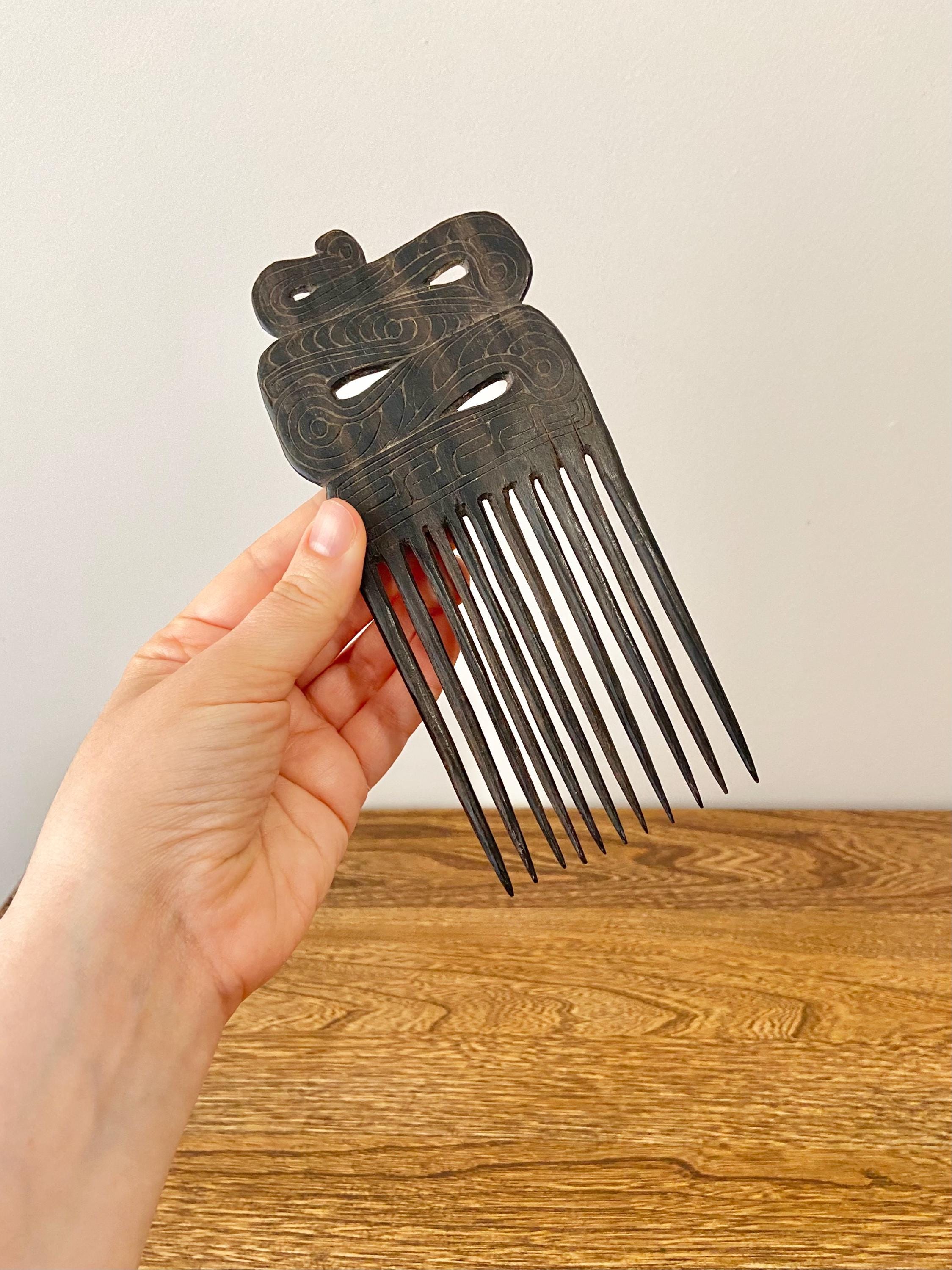 Vintage South Pacific Hand Carved Indigenous Hair Comb, Dark Wood