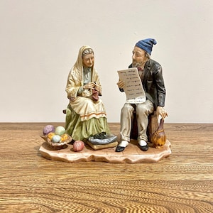 Vintage Capodimonte Pucci Sculpture - Elderly Couple Reading and Knitting, Signed Capodimonte Porcelain, 8.5” x 7.5”, Italian Figurine