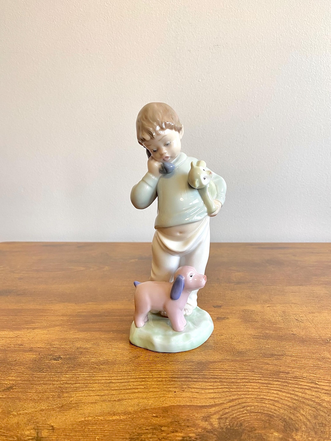Vintage NAO by Lladro #1044 Boy on Phone With Puppets, Puppy