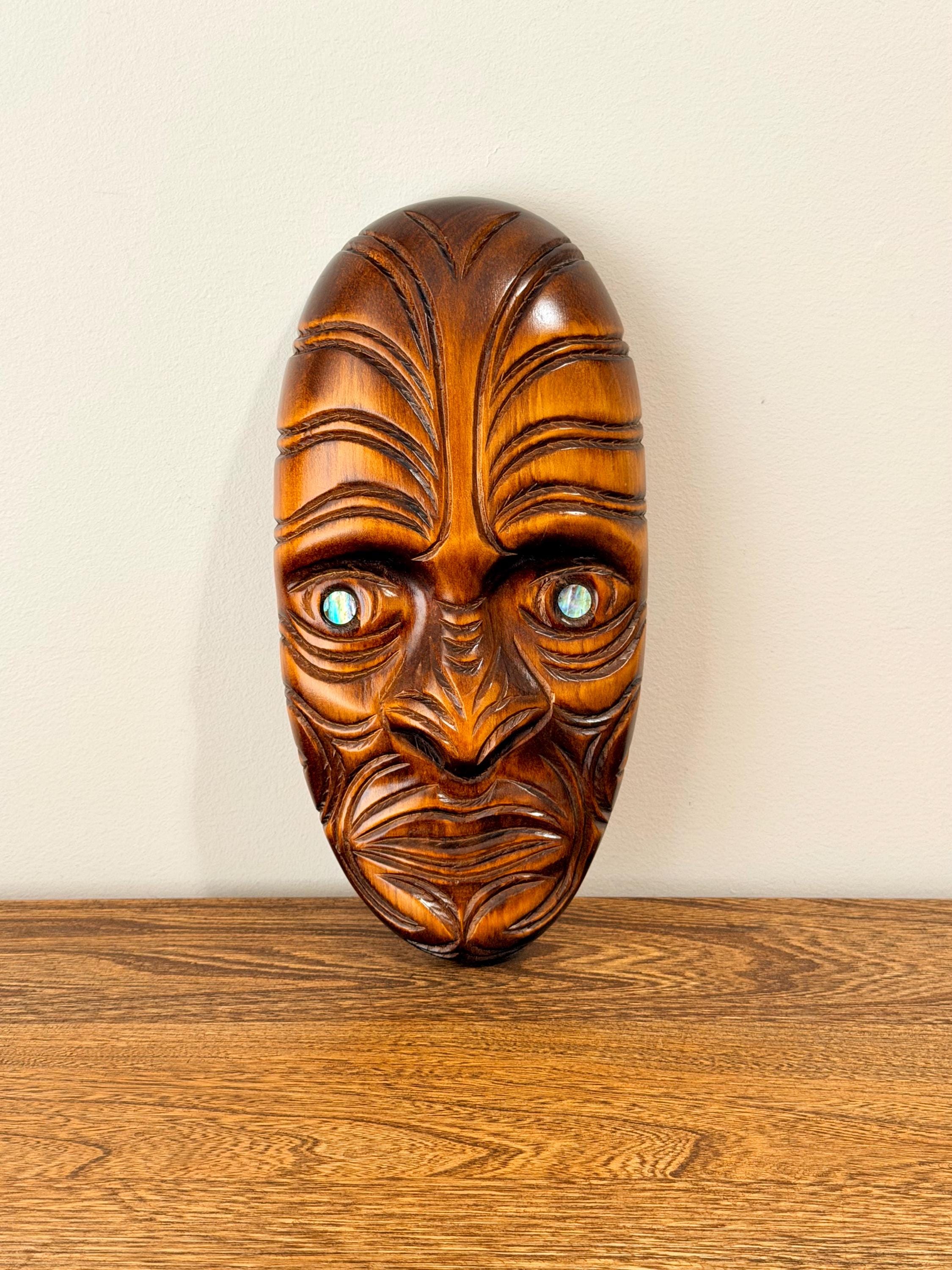 Vintage Maori Wood Wall Mask, New Zealand Tiki Face Carving With