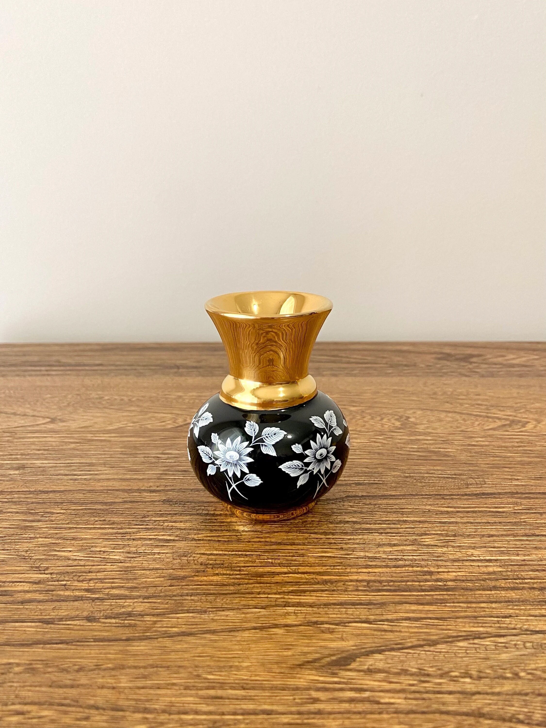 Prinknash Abbey Pottery Vase - Black Enamelled Porcelain, White Flowers, 24K Gold Accents, Made in England