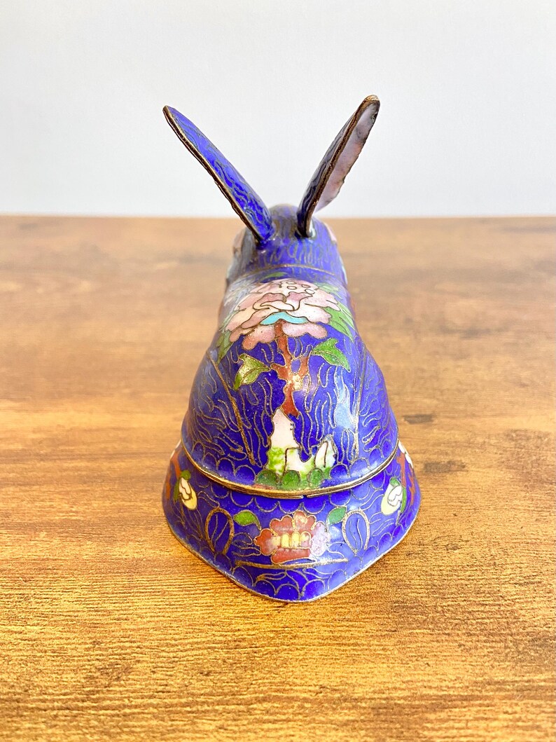 Vintage Chinese Cloisonne Rabbit Trinket Box - Blue Enamel Brass Bunny ...
