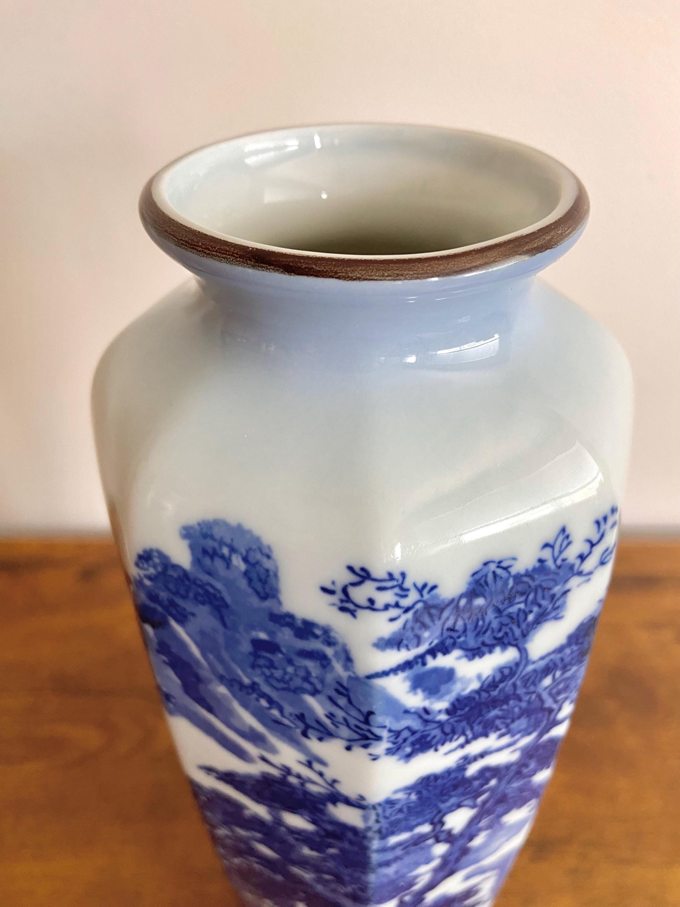 ヴィンテージ 日本製 城山窯 青白磁 花瓶 10.75インチ 六角形 生け花用