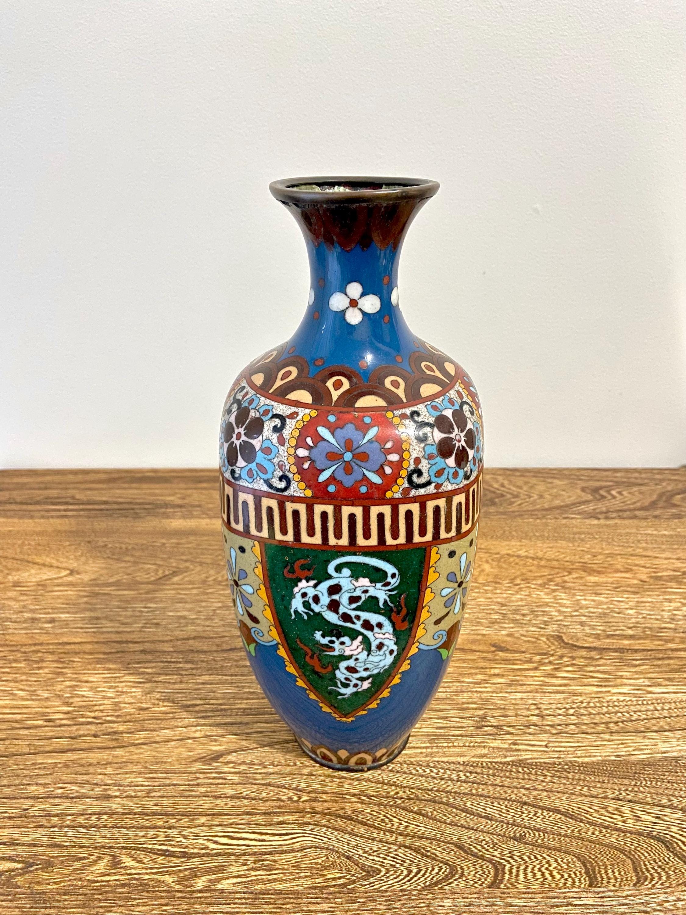 アンティークの日本の七宝焼き花瓶、明治時代、12 インチ (31 cm