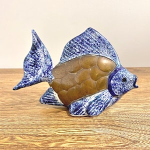 Vintage Mexican Tonala Ceramic & Brass Fish Figurine - Folk Art Pottery, Hand-Painted, 6.5&quot;W x 4.5&quot;H, Mid-Century Decor