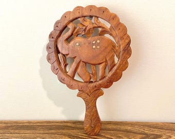 Vintage Hand-Carved Wooden Elephant Trivet, Indian Decor, 9" with Handle, Rustic Wooden Kitchen Decor, Elephant Art Hot Pad