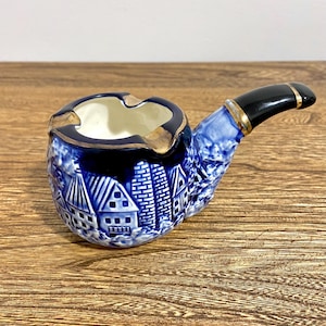 Vintage ESD Japan Pipe Shaped Ashtray 24088, Blue & White Ceramic, Hand Painted Village Scenes, Enterprise Exclusive Canada, 5.75&quot; Long