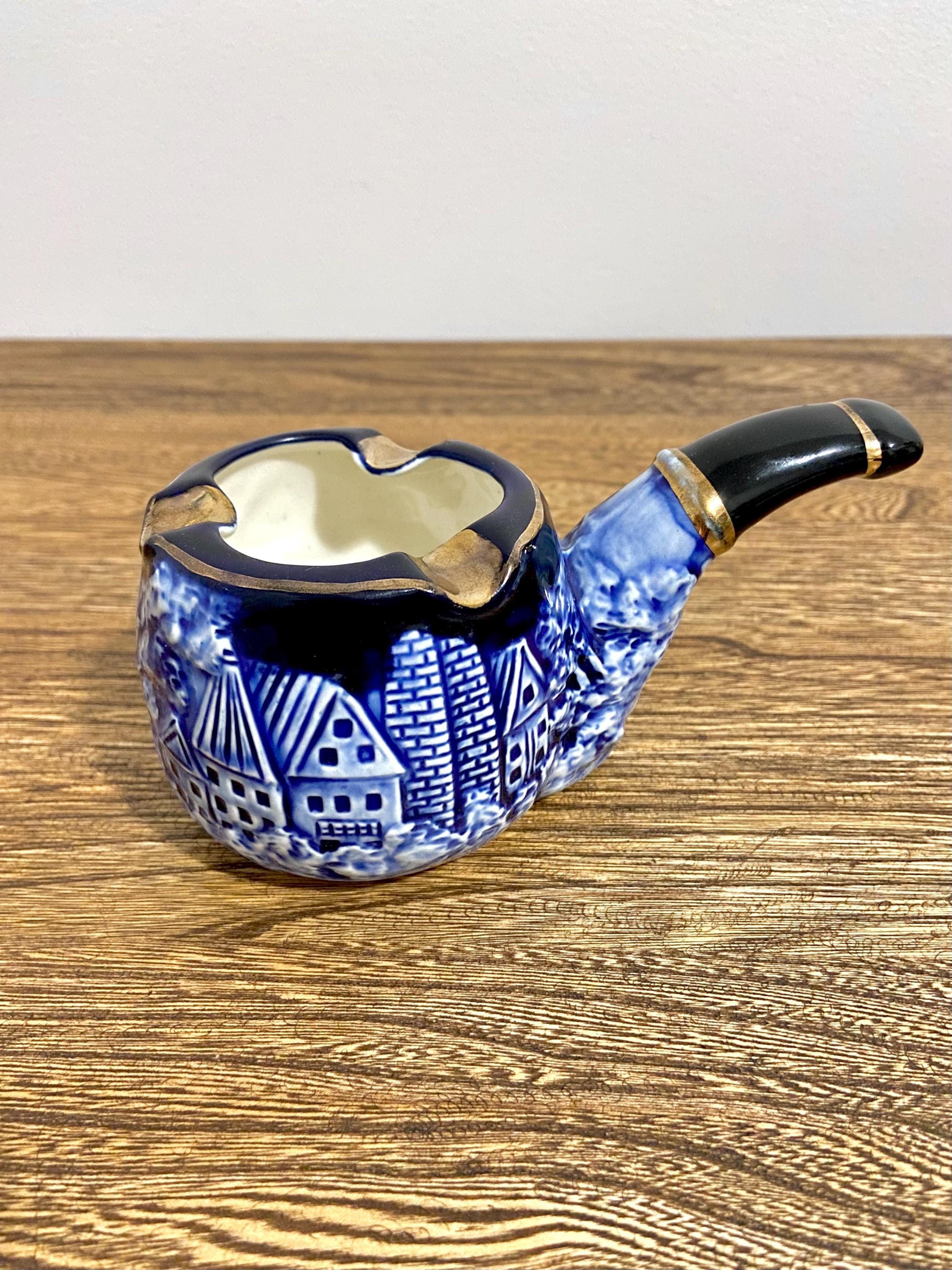 Vintage ESD Japan Pipe Shaped Ashtray 24088, Blue & White Ceramic