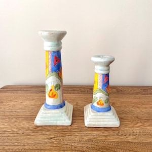 Set of 2 Vintage Algarve Hand-Painted Ceramic Candle Holders, Colorful Portugal Pottery, 9.25" & 7" Tall, Rustic Mediterranean Decor
