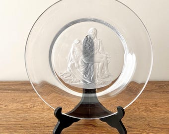 Piatto da collezione vintage in cristallo Pietà della Danbury Mint, con raffigurazione di Michelangelo, Vergine Maria e Gesù, arte religiosa cattolica, regalo per la nonna.