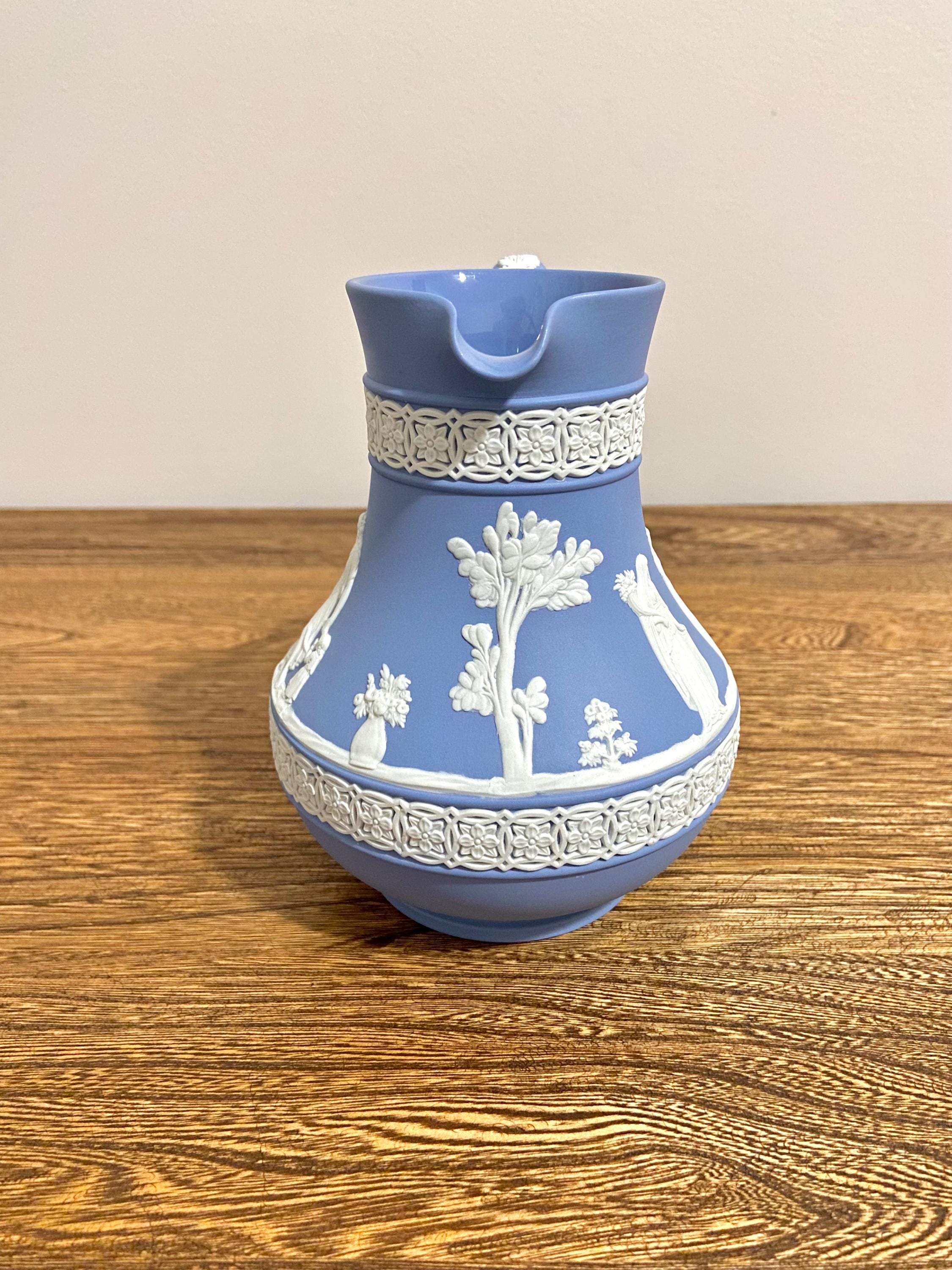 Vintage Wedgwood Jasperware Etruscan Blue Pitcher 6” Tall, 1950's