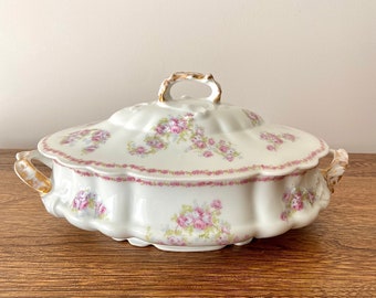 Antique 1906-1920 French Limoges Coronet Hand Painted Porcelain Covered Serving Dish, Soup Tureen Bowl, Pink Roses, *Chipped